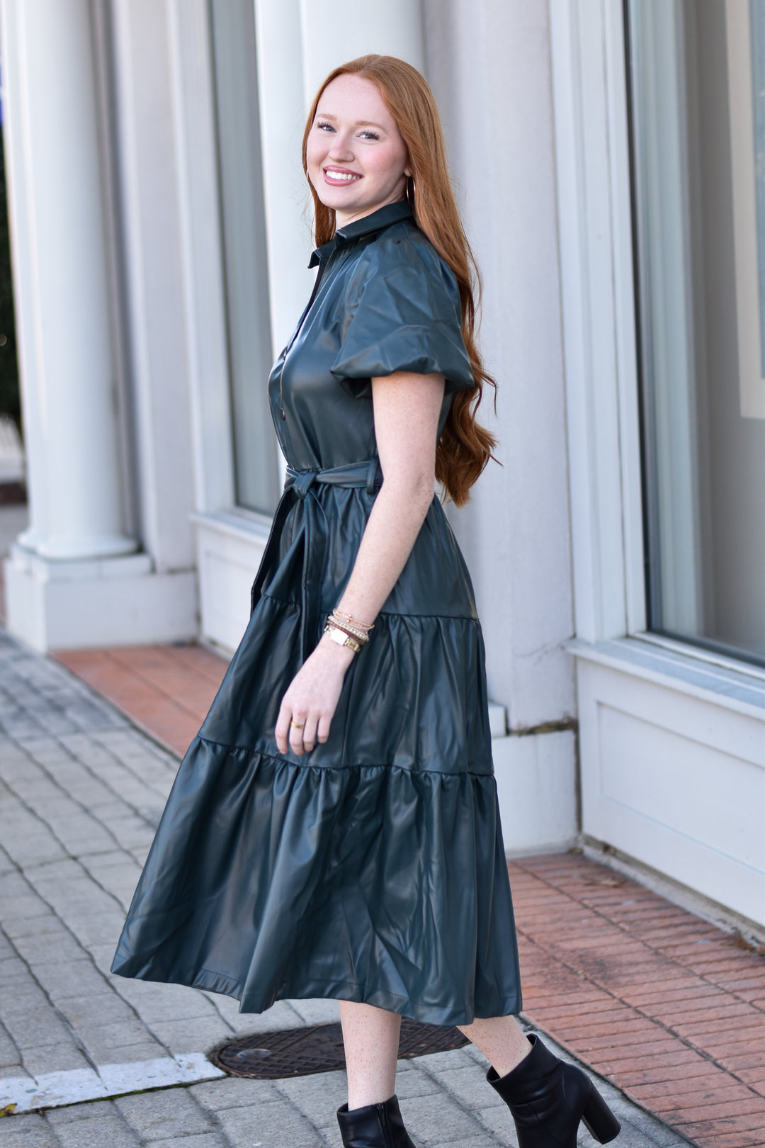 Pinch Tiered Faux Leather Midi Dress