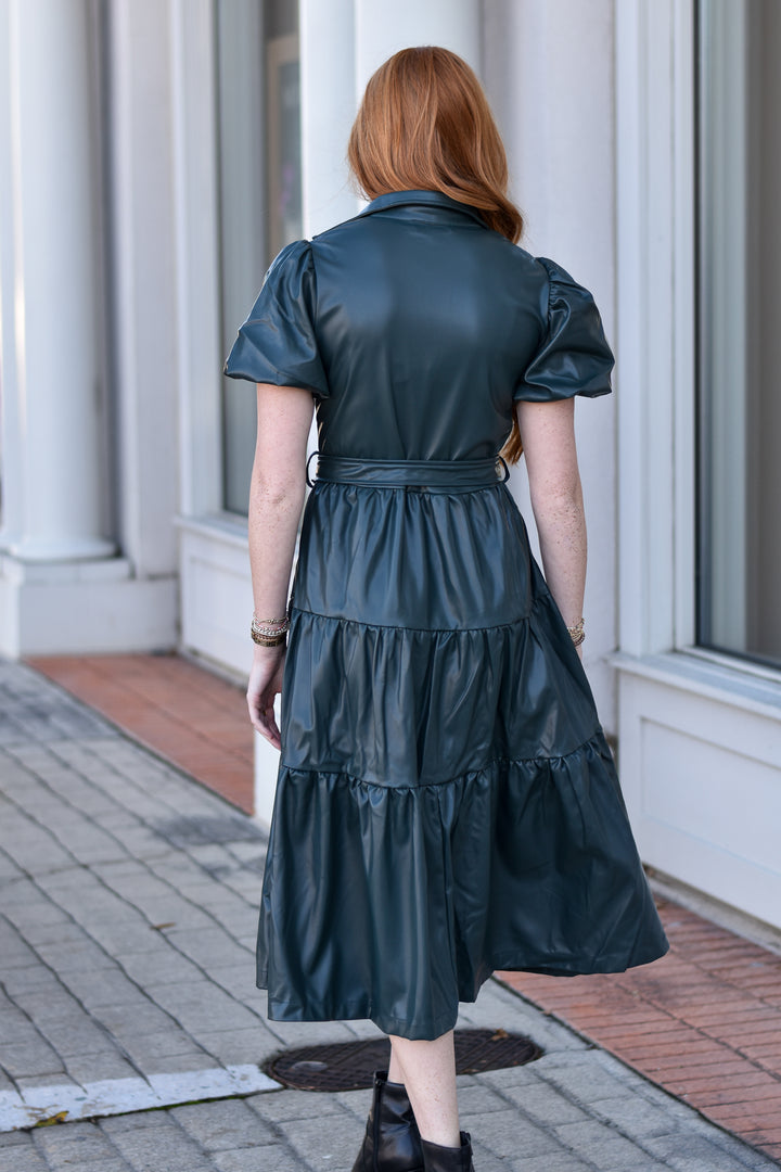 Pinch Tiered Faux Leather Midi Dress