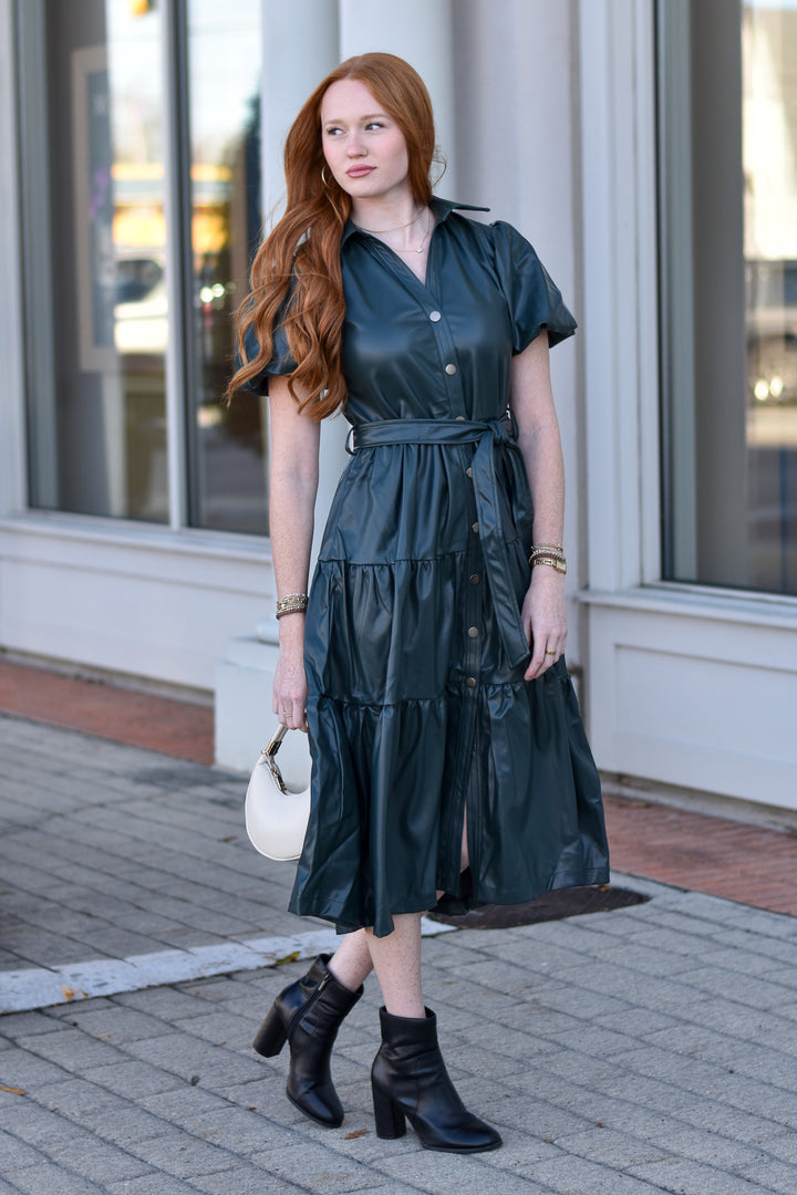 Pinch Tiered Faux Leather Midi Dress