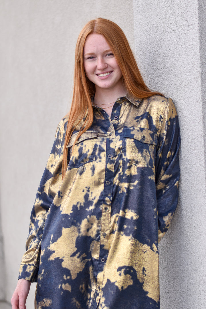 Metallic Tie-Dye Shirt Dress