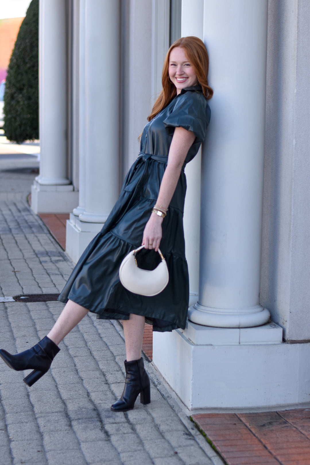 Pinch Tiered Faux Leather Midi Dress Blue Hydrangea Boutique Pinch Tiered Faux Leather Midi Dress Blue Hydrangea Boutique