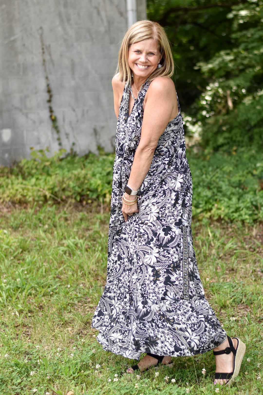 Boho Fuse Ruffle Neck Maxi Dress Blue Hydrangea Boutique Boho Fuse Ruffle Neck Maxi Dress Blue Hydrangea Boutique