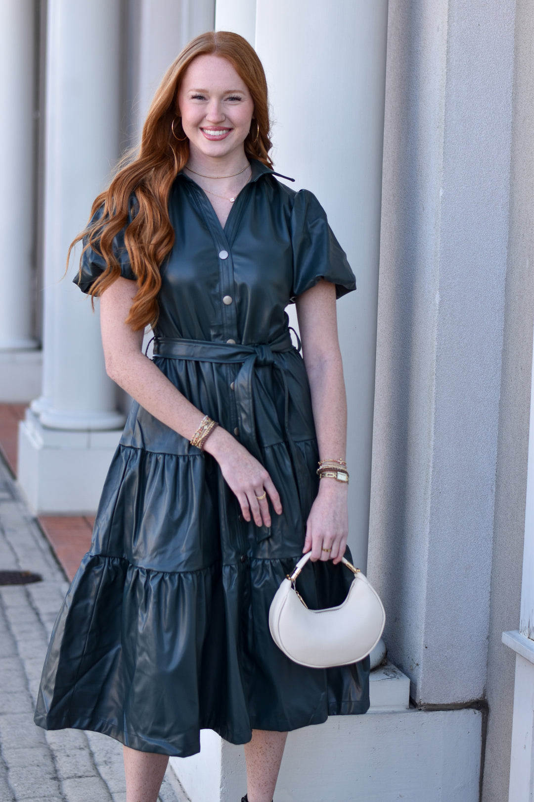 Pinch Tiered Faux Leather Midi Dress