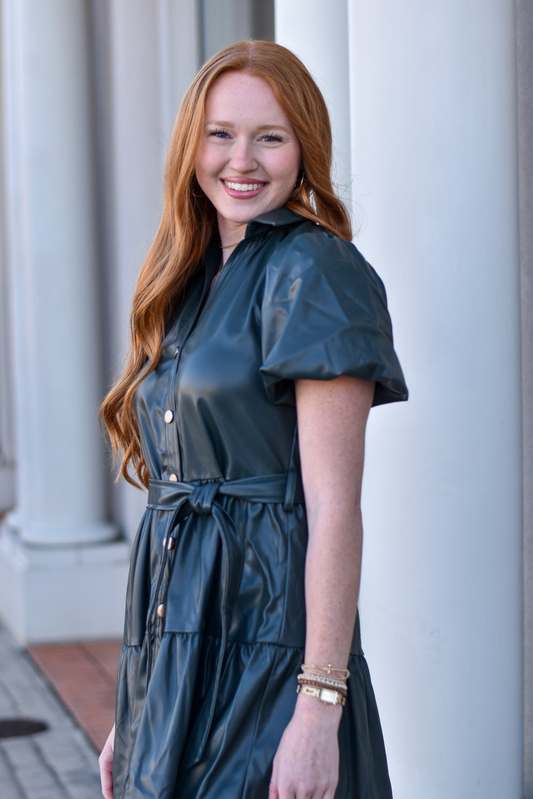 Pinch Tiered Faux Leather Midi Dress