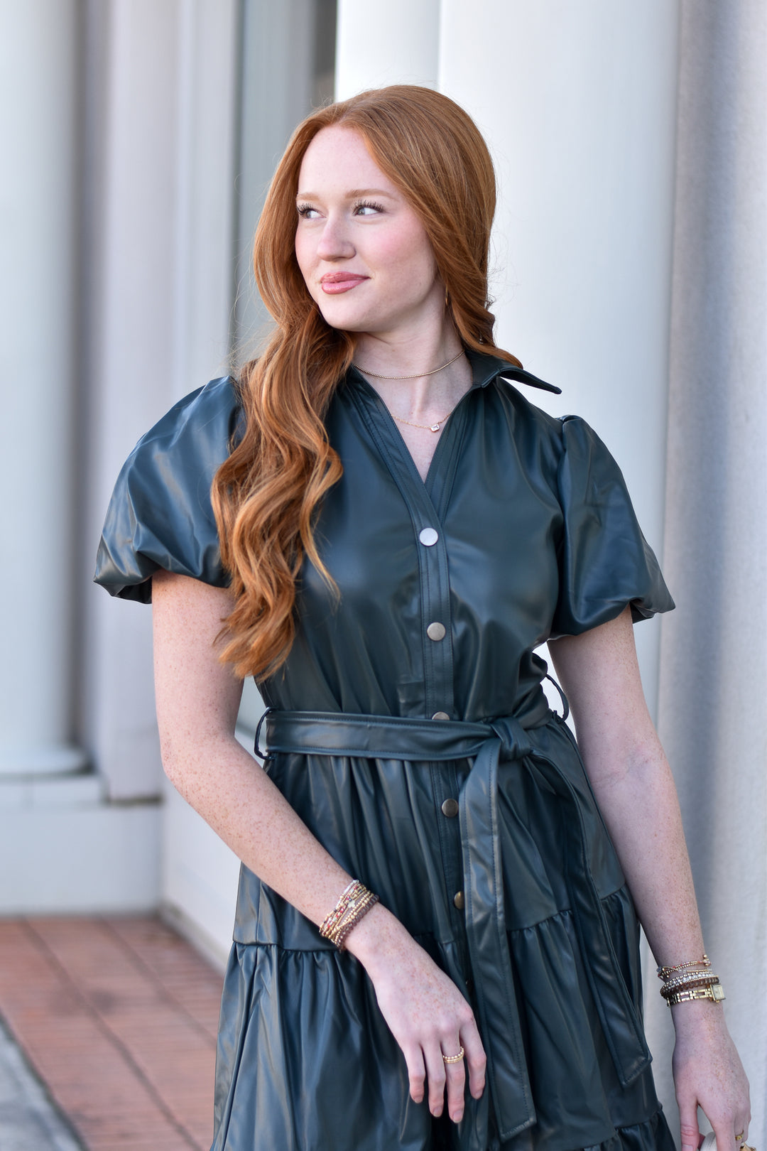 Pinch Tiered Faux Leather Midi Dress