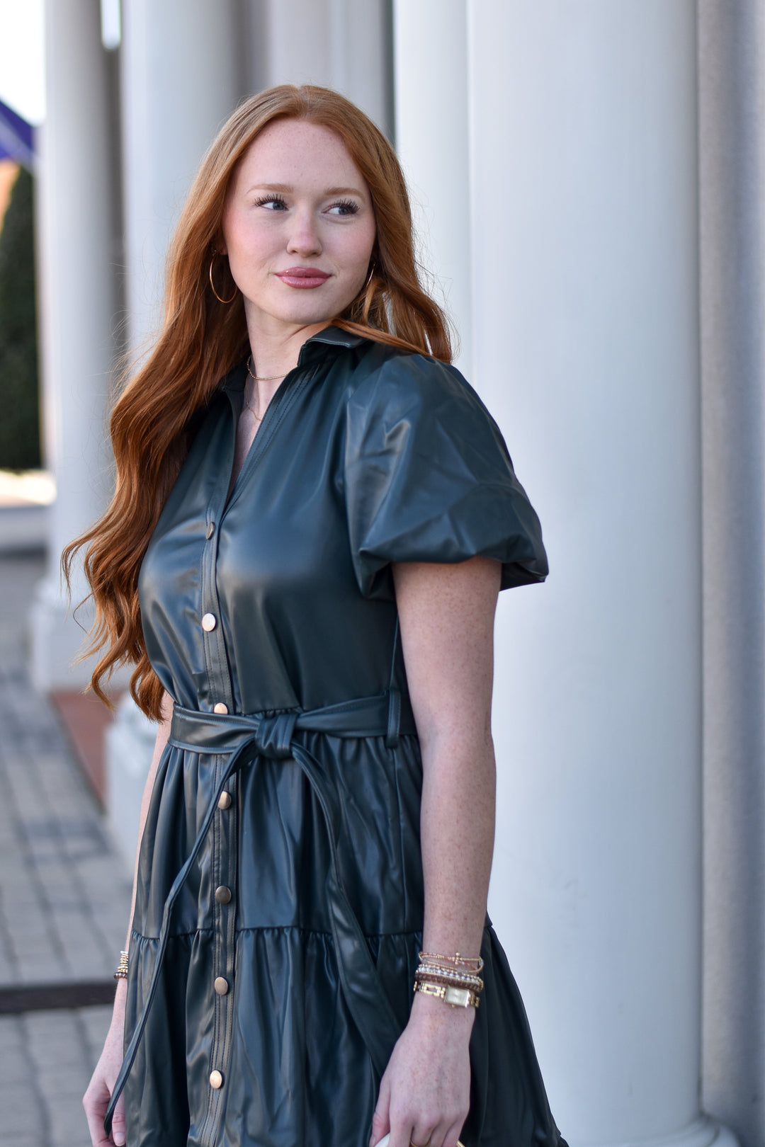 Pinch Tiered Faux Leather Midi Dress