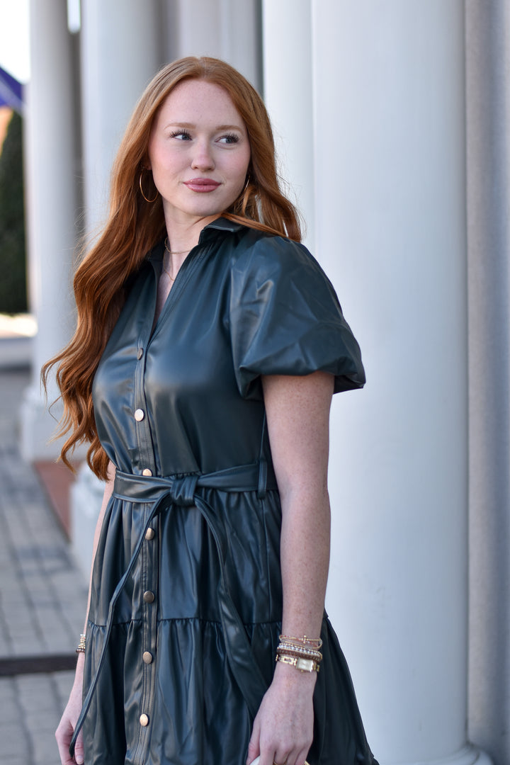 Pinch Tiered Faux Leather Midi Dress