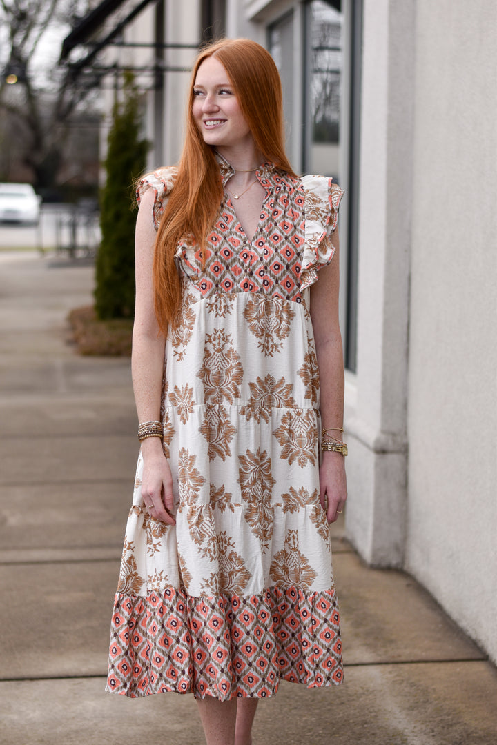 Mixed Print Midi Dress