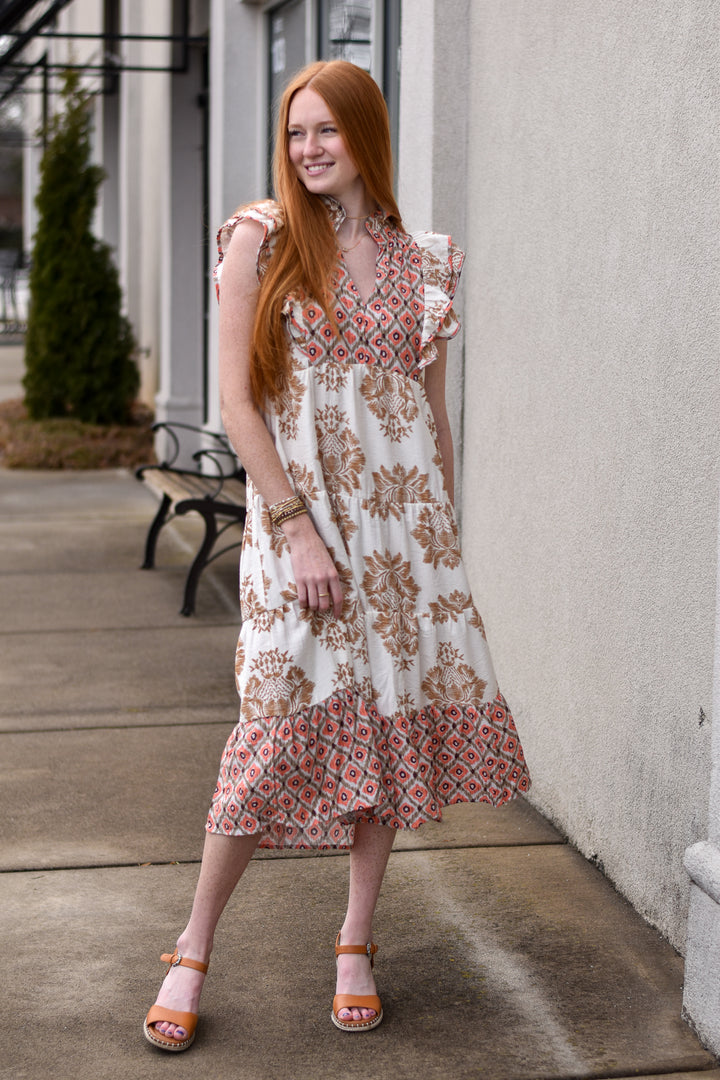 Mixed Print Midi Dress