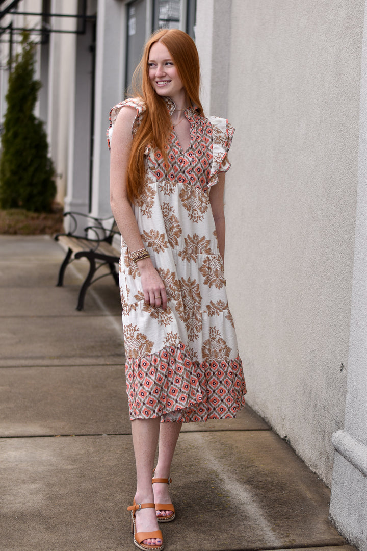 Mixed Print Midi Dress