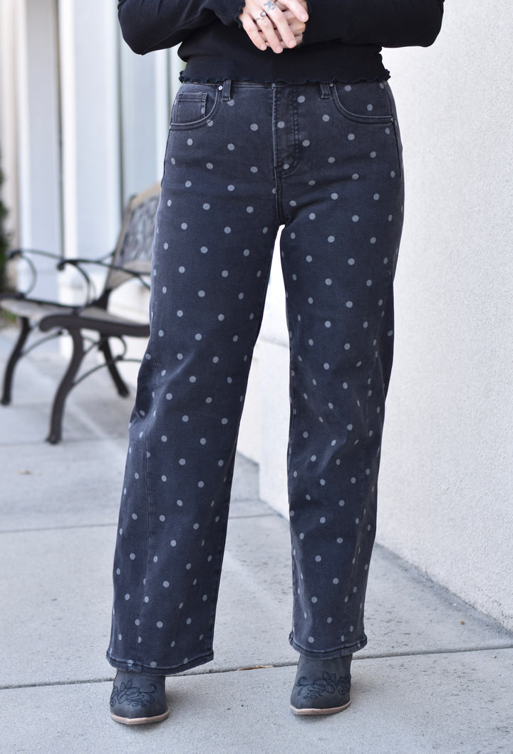 Risen Ankle Straight Polka Dot Print Jeans