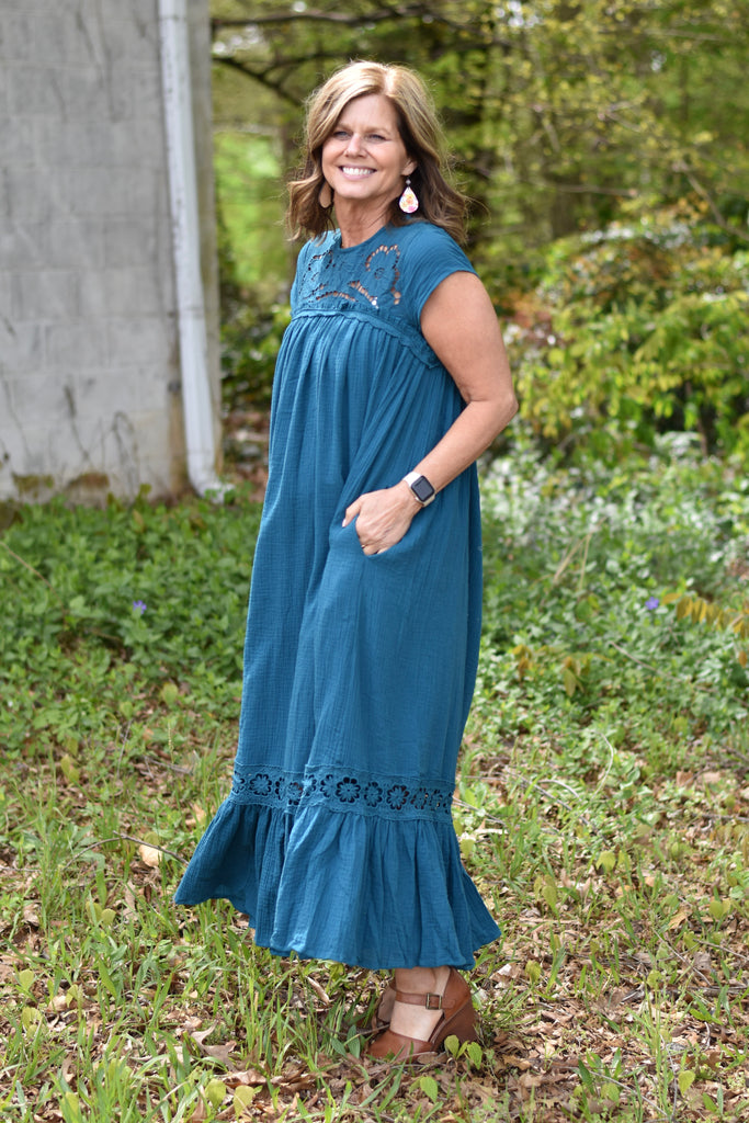 Oli & Hali Crochet Gauze Maxi Dress Large / Teal