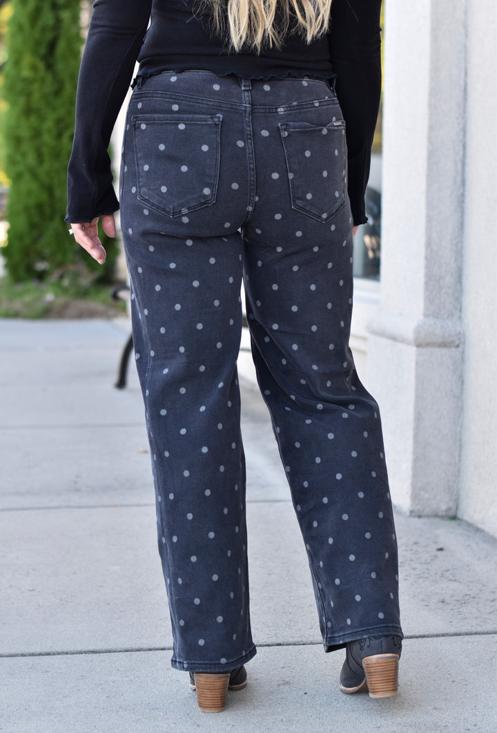 Risen Ankle Straight Polka Dot Print Jeans