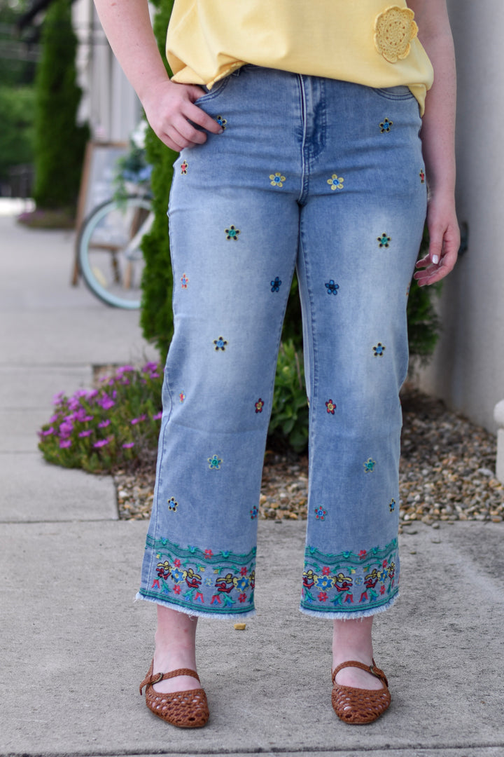 Easel's Wildflower Embroidered Crop Jeans