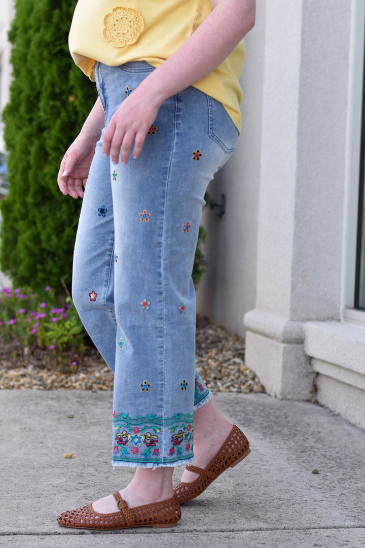 Easel's Wildflower Embroidered Crop Jeans