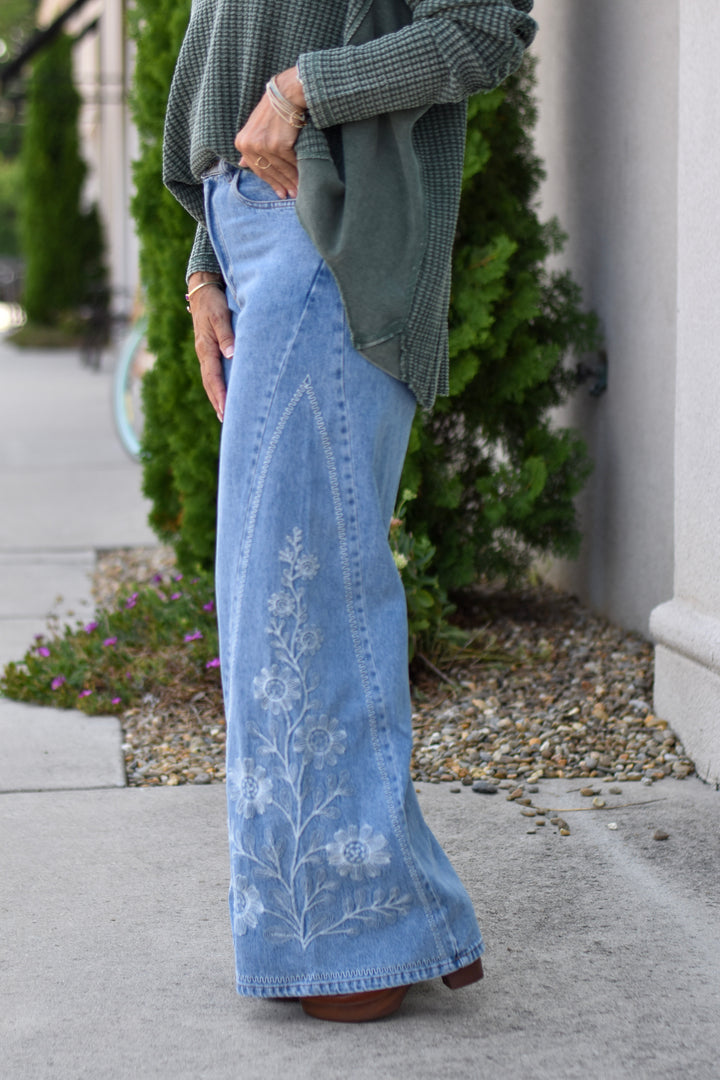 Easel's Floral Border Embroidered Wide Leg Jeans