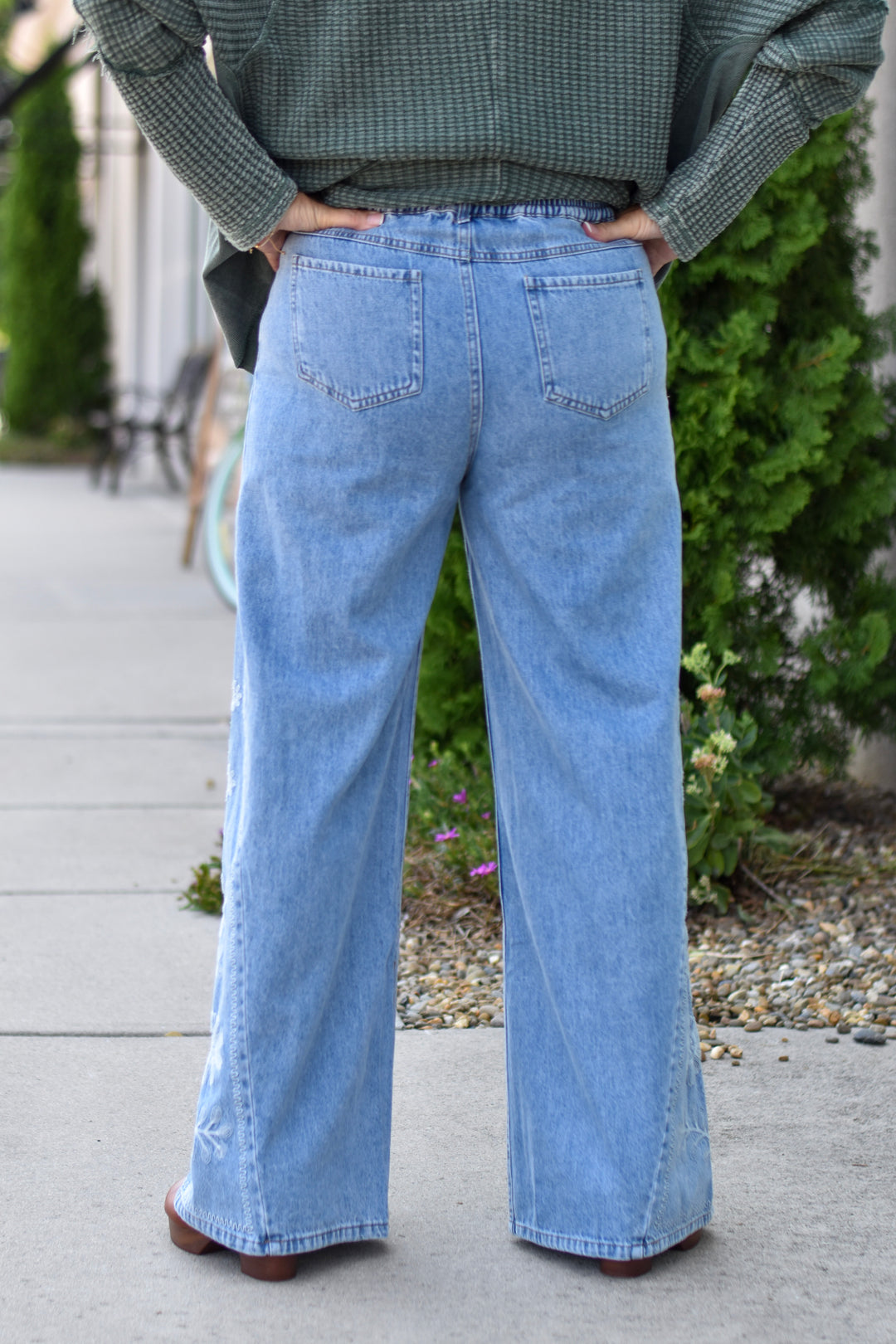 Easel's Floral Border Embroidered Wide Leg Jeans