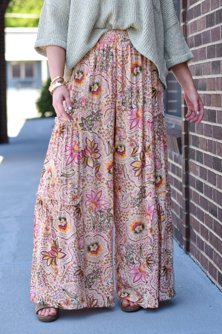 Boho Mosaic Tiered Wide Leg Pants