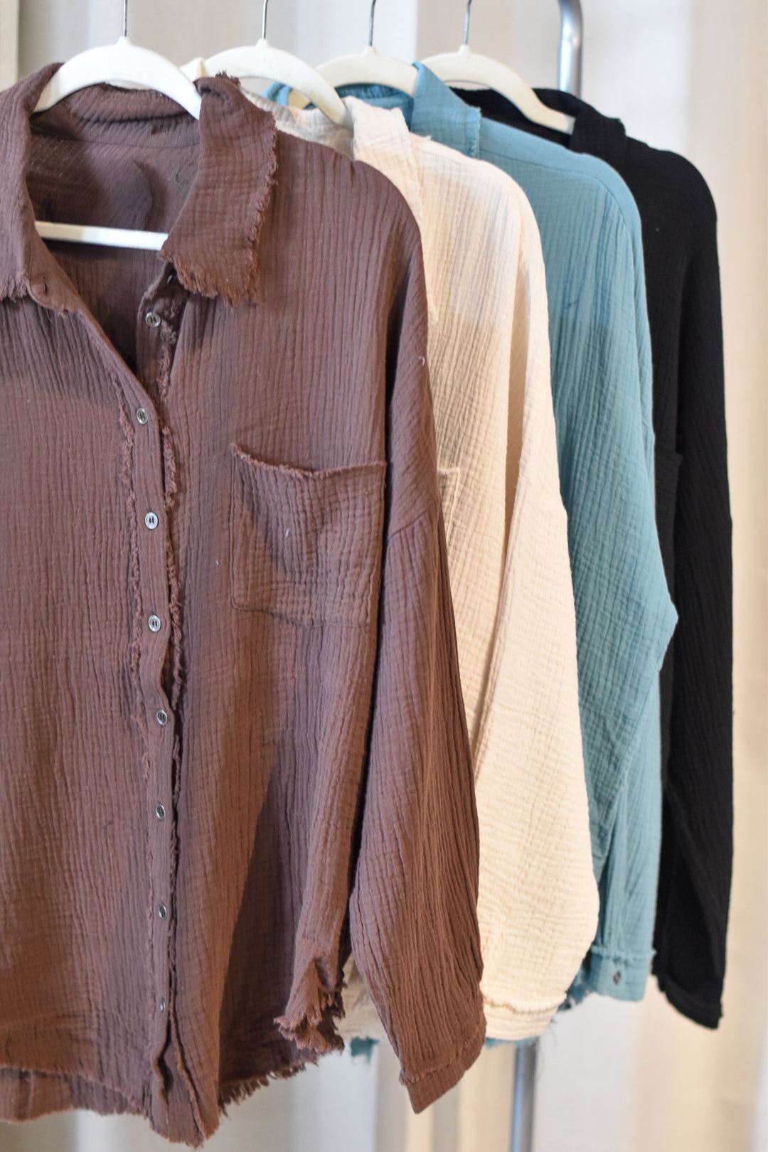 Gauze Button Up Fray Hem Top