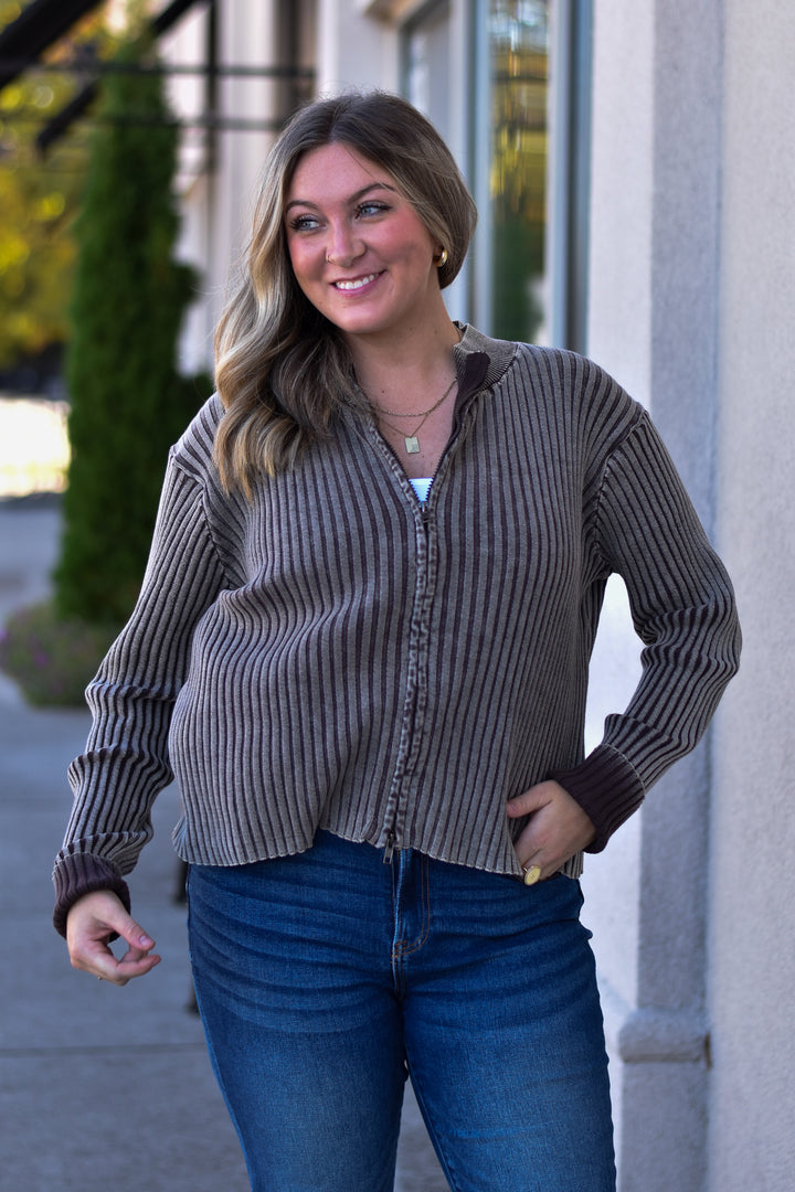 Double Take Two-Tone Zip Sweater