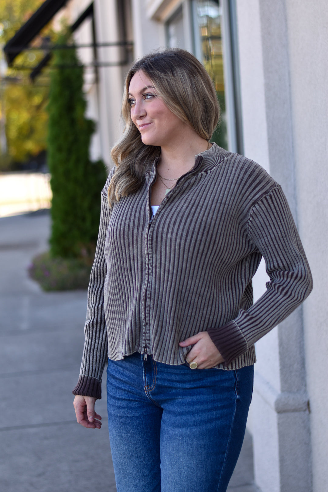 Double Take Two-Tone Zip Sweater