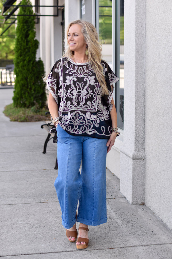 Midnight Muse Embroidered Poncho Top