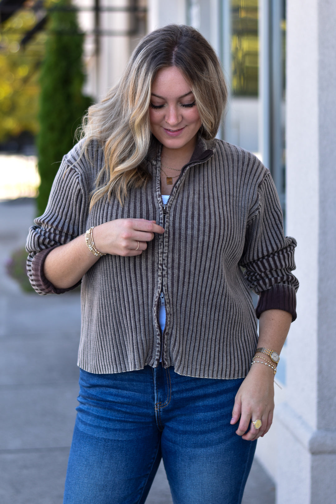 Double Take Two-Tone Zip Sweater