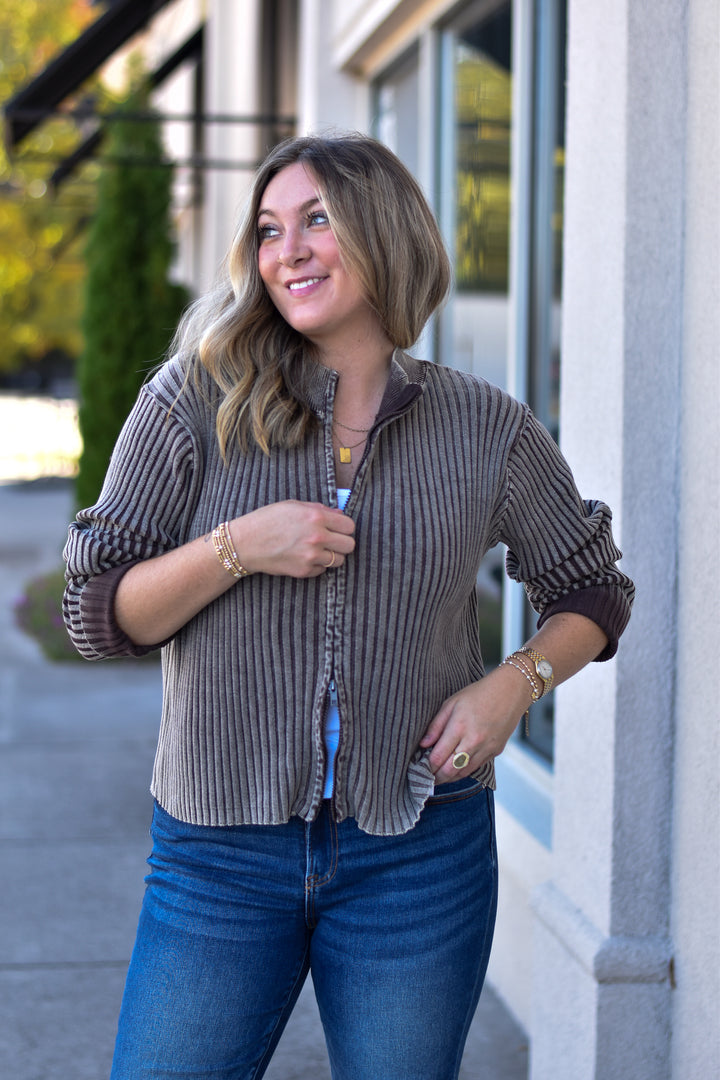 Double Take Two-Tone Zip Sweater