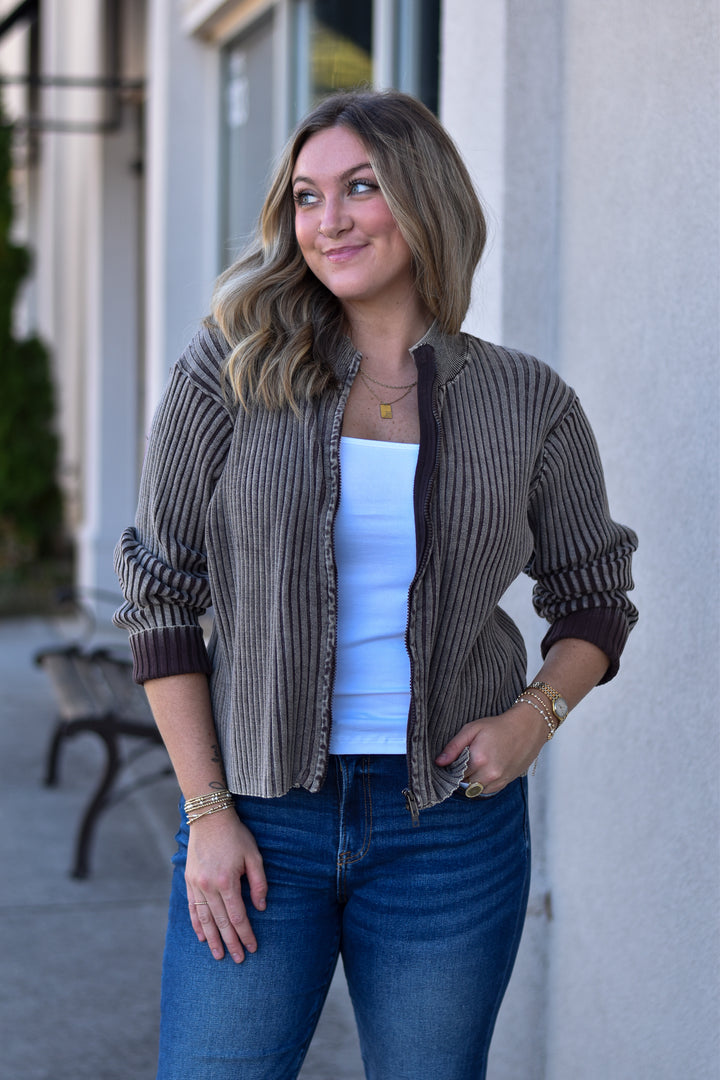 Double Take Two-Tone Zip Sweater