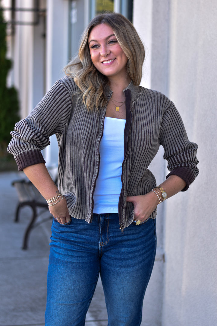 Double Take Two-Tone Zip Sweater