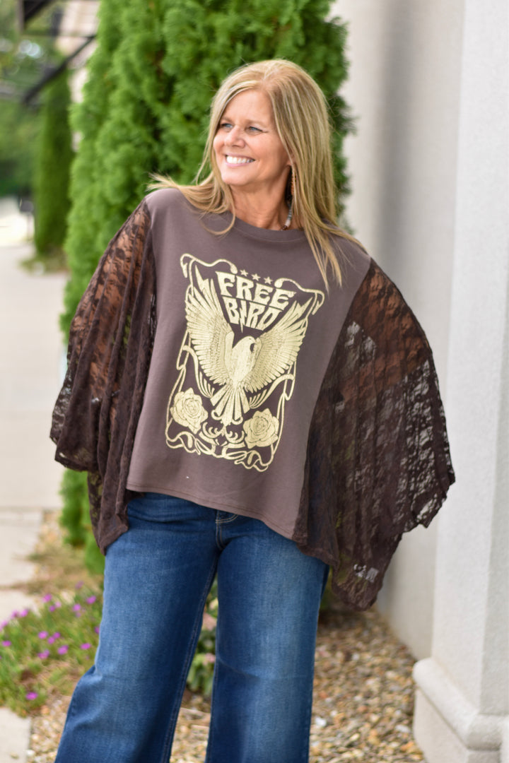 Free Bird Lace Graphic Kimono Top