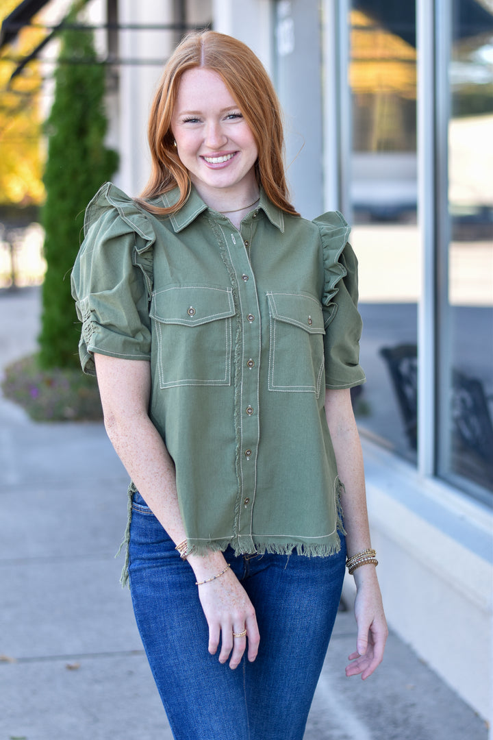 Ruffle Haven Button-Up Shirt