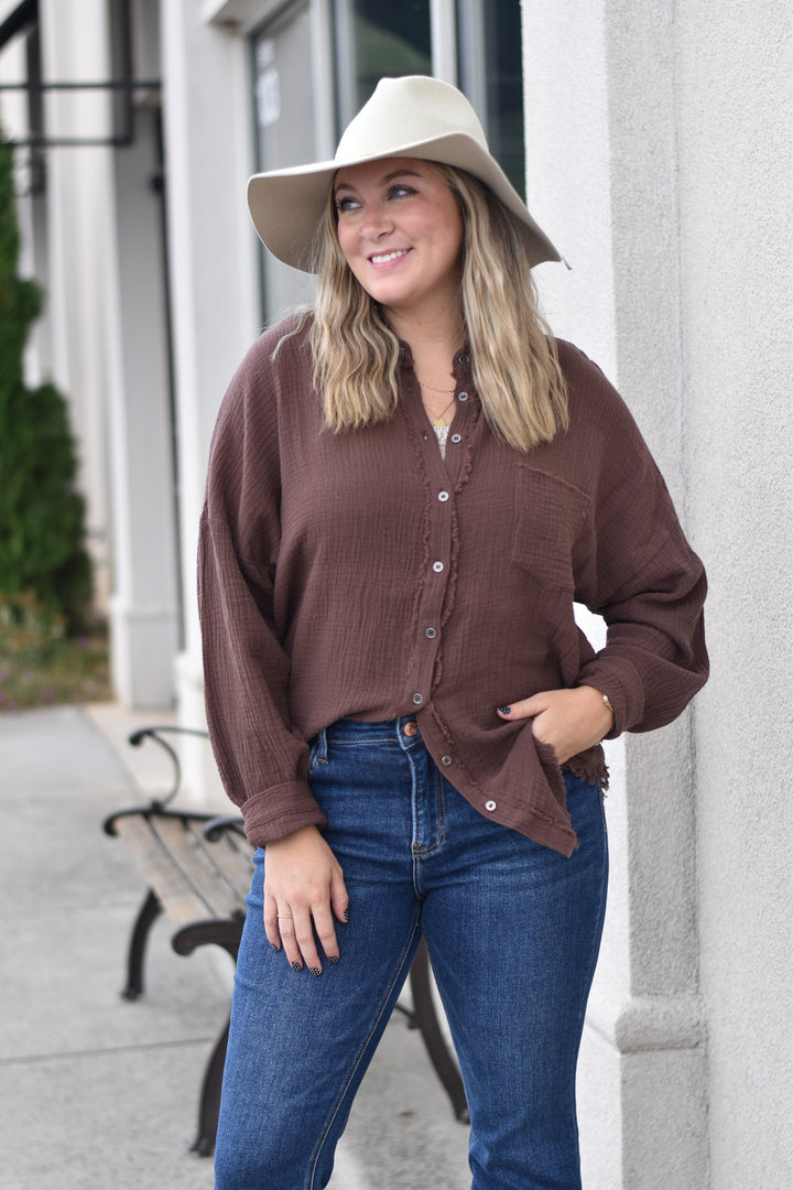 Gauze Button Up Fray Hem Top