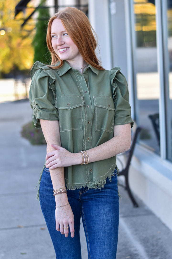 Ruffle Haven Button-Up Shirt