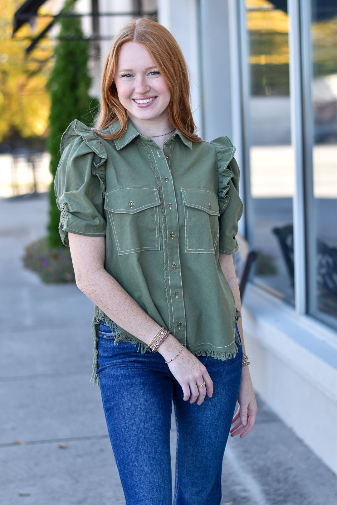 Ruffle Haven Button-Up Shirt