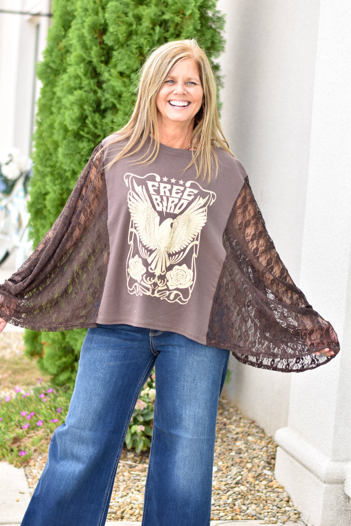 Free Bird Lace Graphic Kimono Top