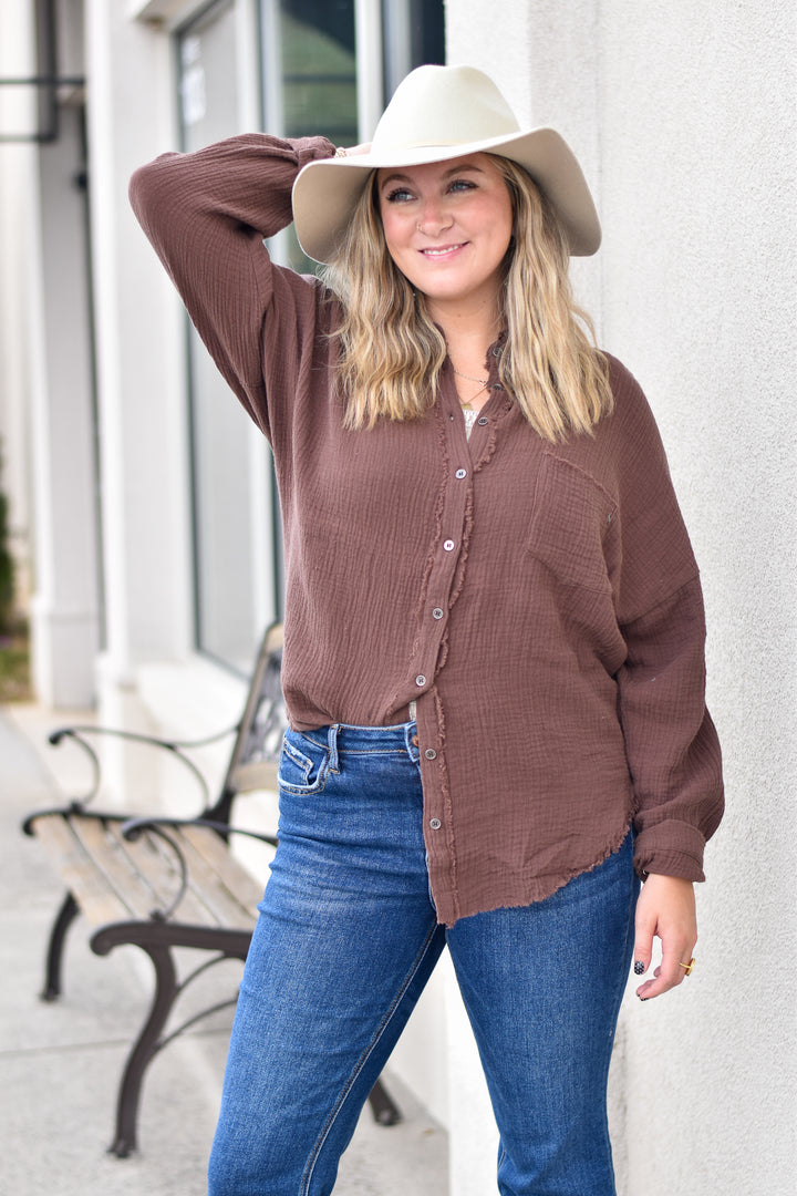Gauze Button Up Fray Hem Top