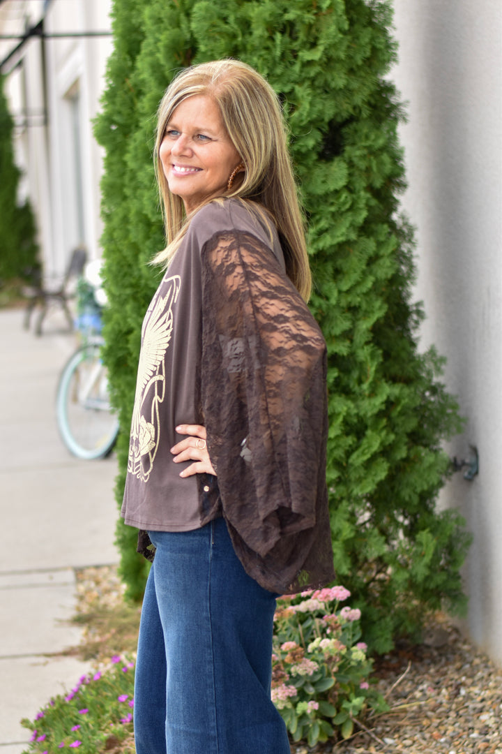 Free Bird Lace Graphic Kimono Top