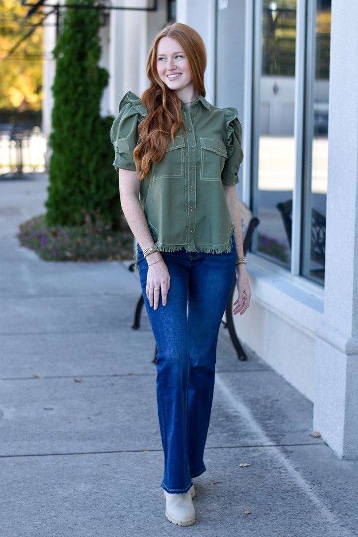 Ruffle Haven Button-Up Shirt