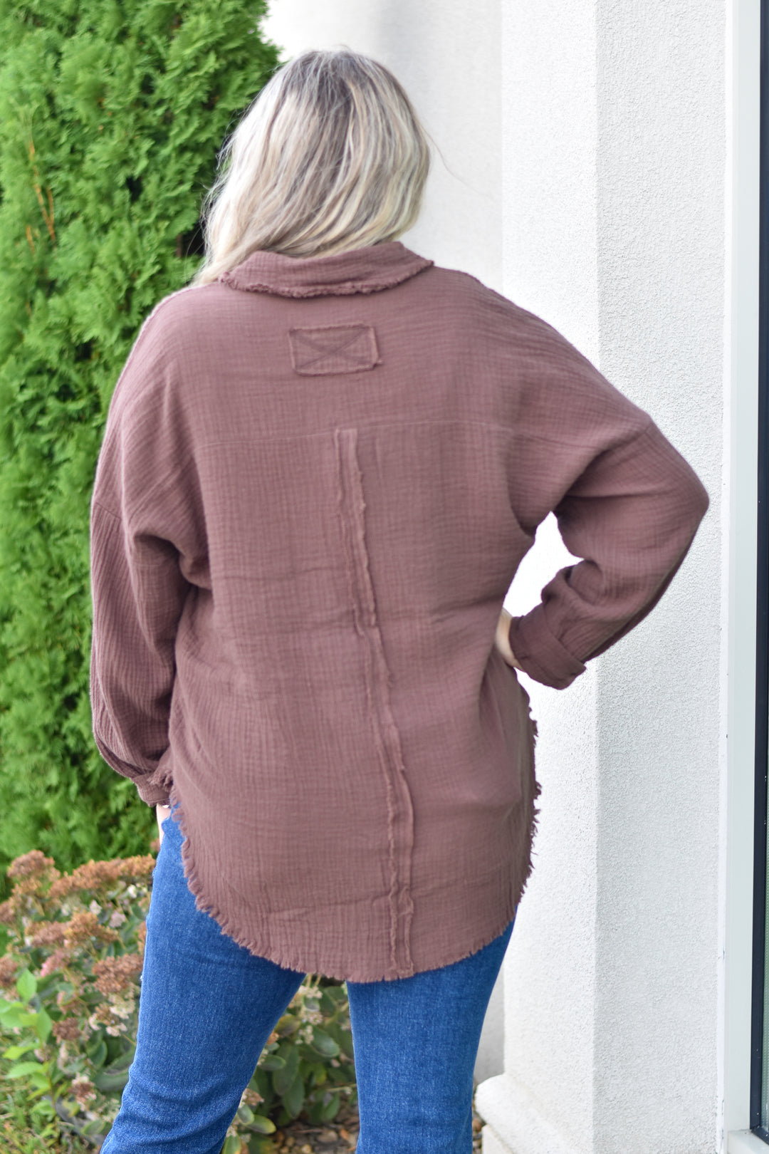 Gauze Button Up Fray Hem Top