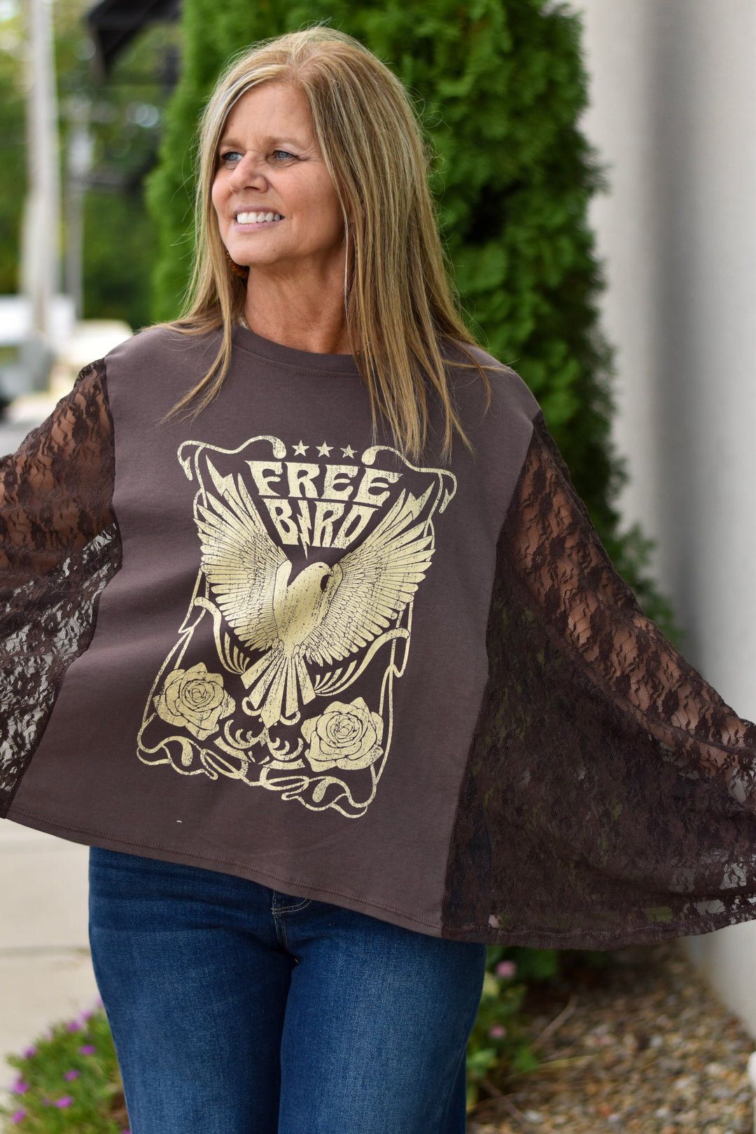 Free Bird Lace Graphic Kimono Top