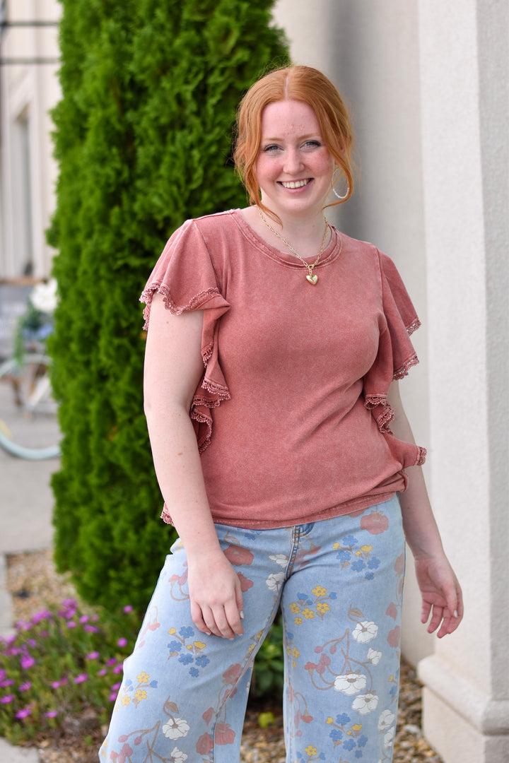 Easel's Mineral Wash Ruffle Top