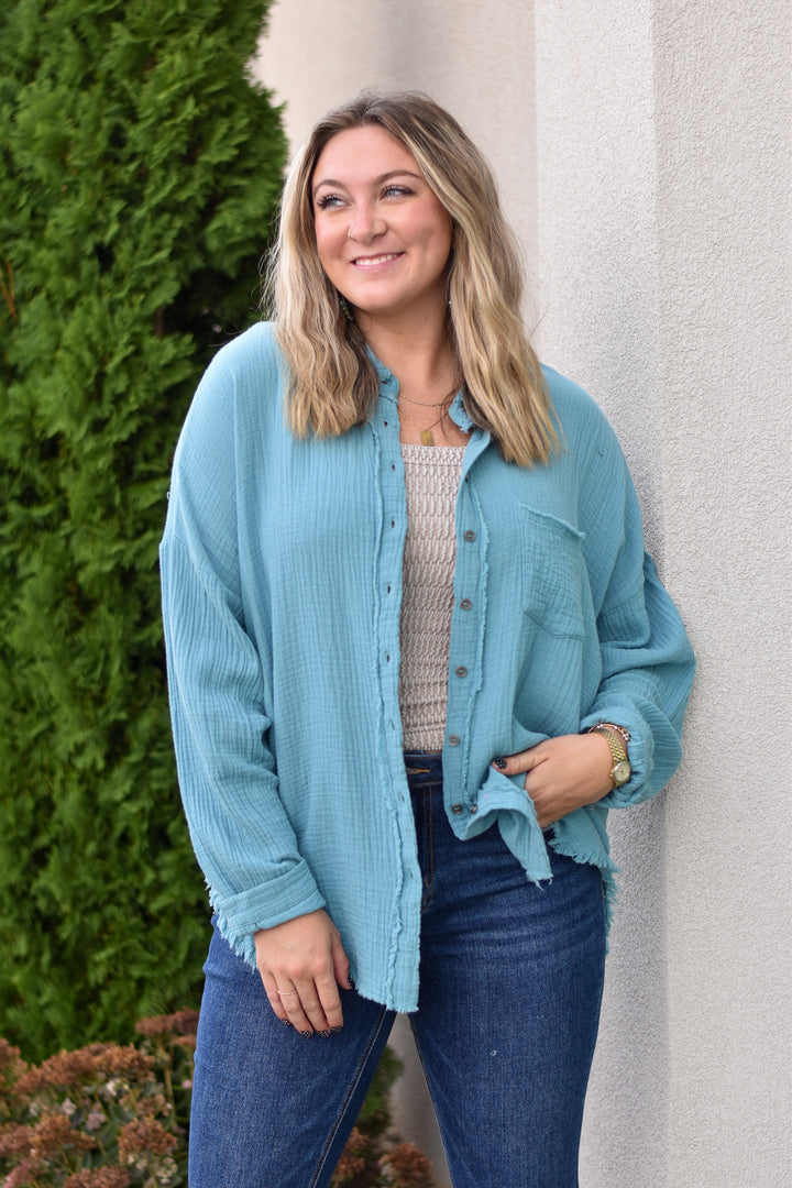 Gauze Button Up Fray Hem Top