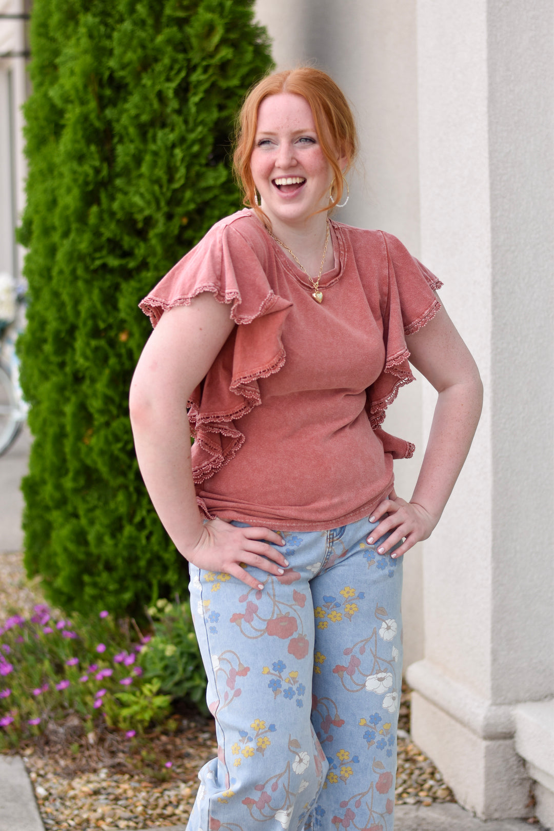 Easel's Mineral Wash Ruffle Top