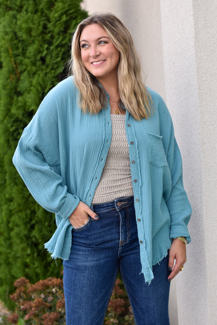 Gauze Button Up Fray Hem Top