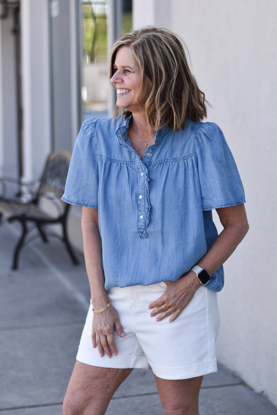 Sienna Ruffle Chambray Top