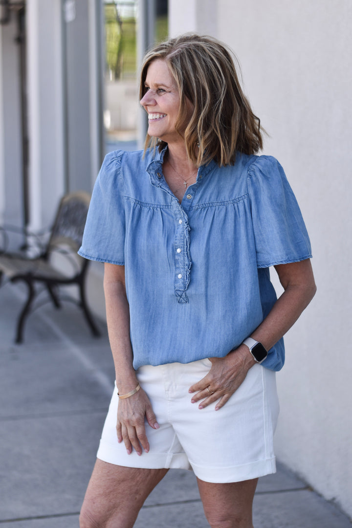 Sienna Ruffle Chambray Top