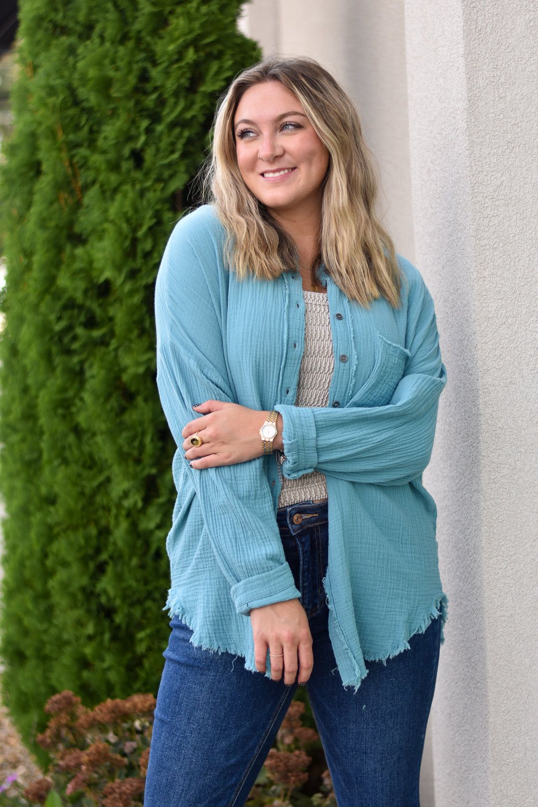 Gauze Button Up Fray Hem Top