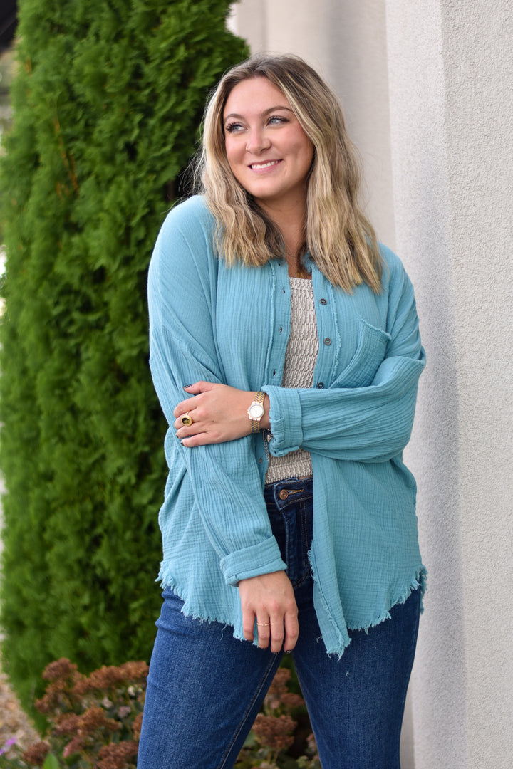 Gauze Button Up Fray Hem Top