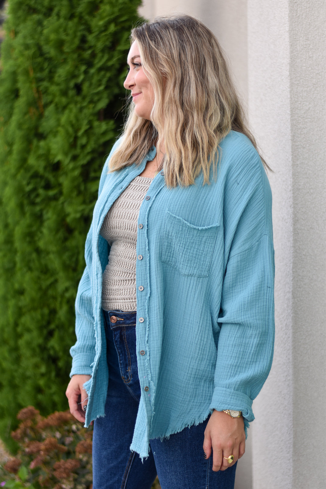 Gauze Button Up Fray Hem Top